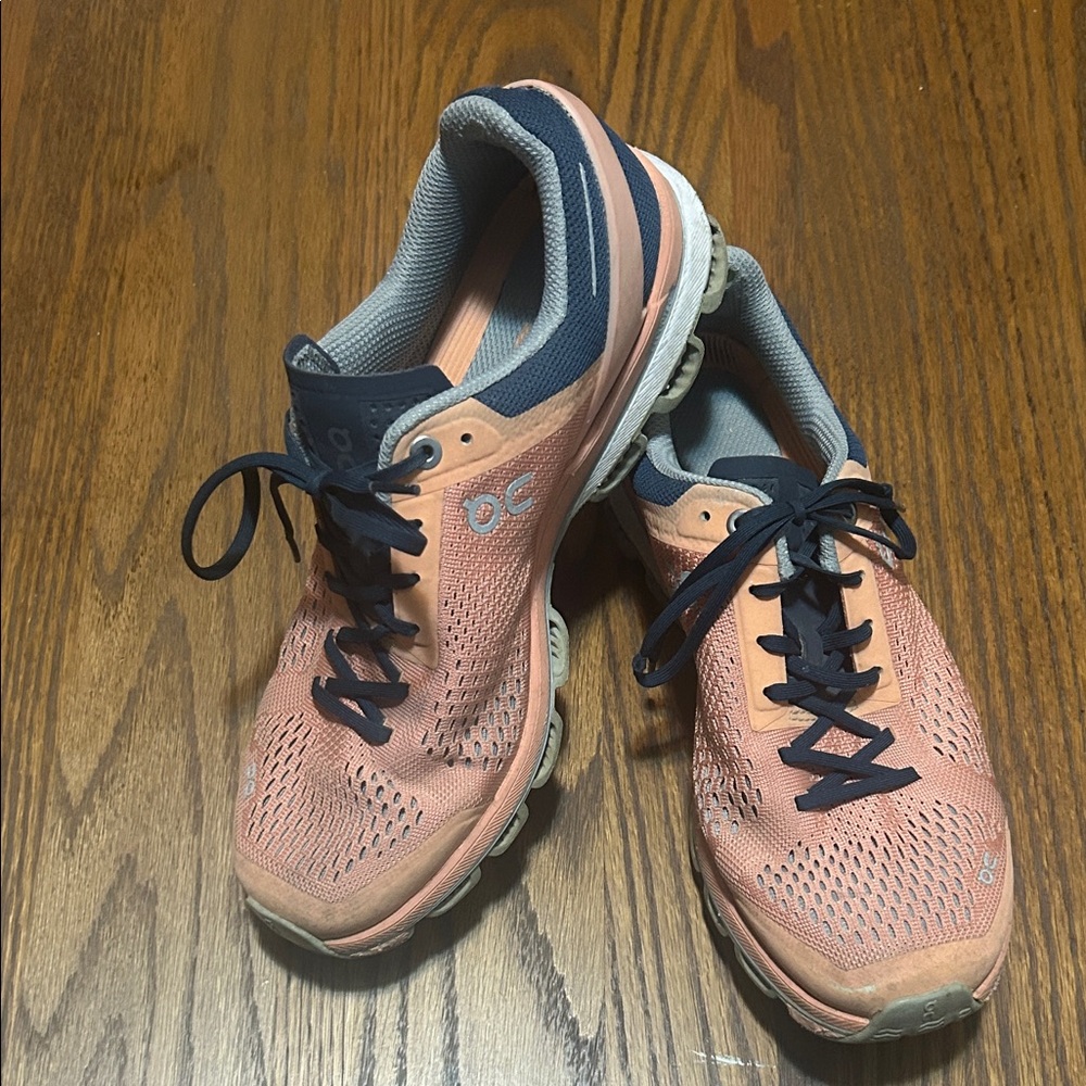 On Running Women's Coral Pink and Navy Athletic Shoes